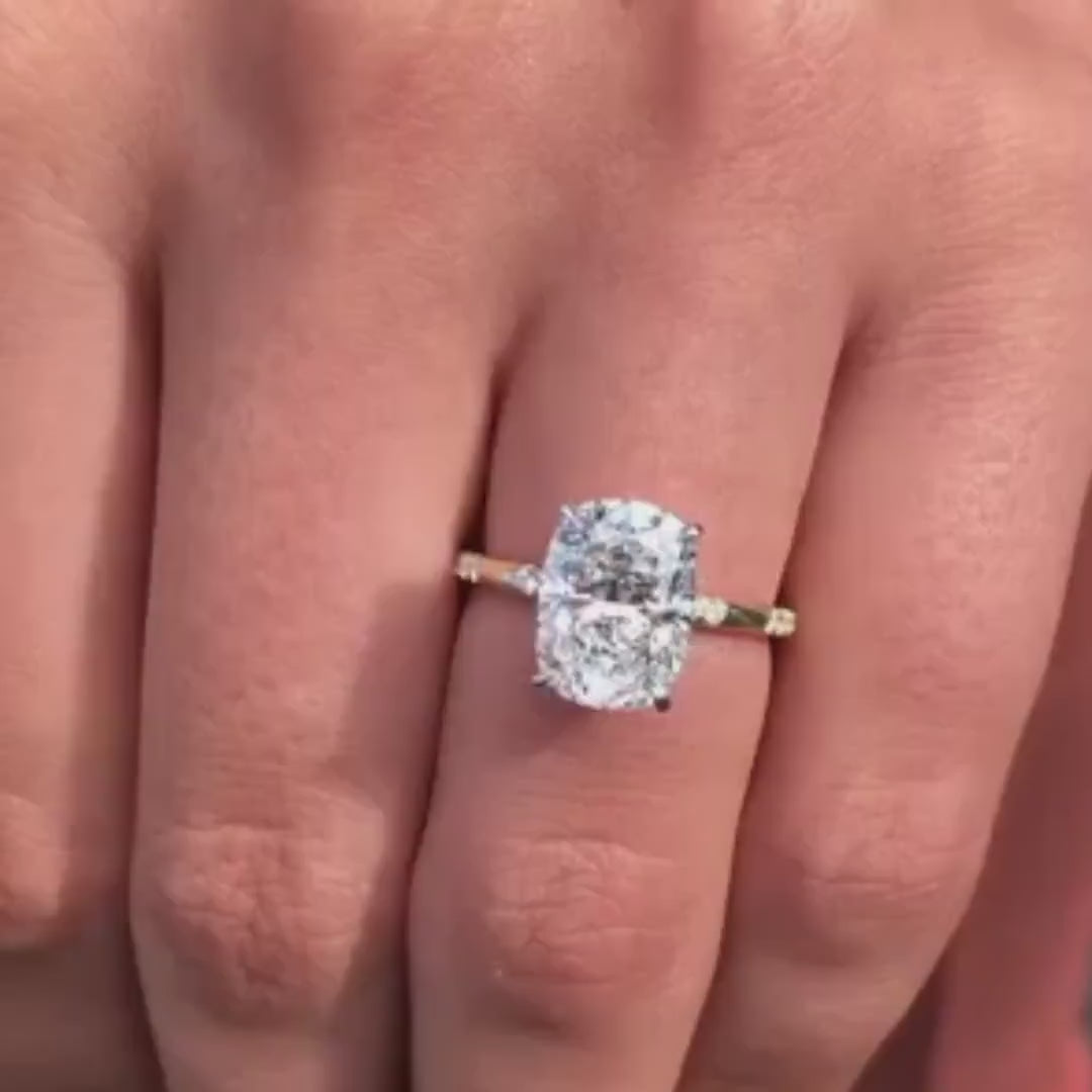 3.00 CT elongated cushion lab grown diamond engagement ring hidden halo solitaire distance band IGI certified bridal wedding ring luxury gift