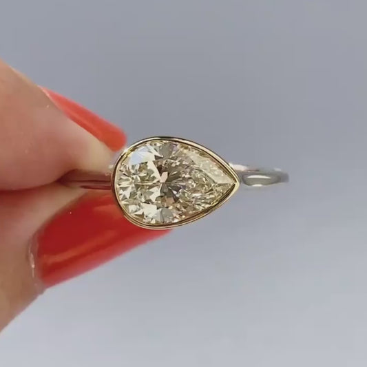 3.00ct Pear Fancy Yellow Lab Grown Diamond Engagement Ring | East West Bezel Setting | IGI Certified