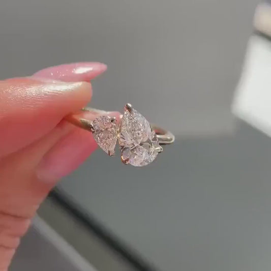3.50 TCW duet toi et moi pear cut lab grown diamond ring IGI certified engagement wedding ring luxury bridal promise anniversary ring for her women