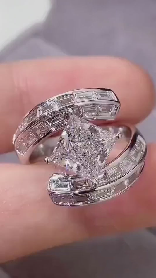 4.00 CT Princess Lab Grown Diamond Engagement Ring | Baguette Side Stone Bypass Ring | IGI Certified