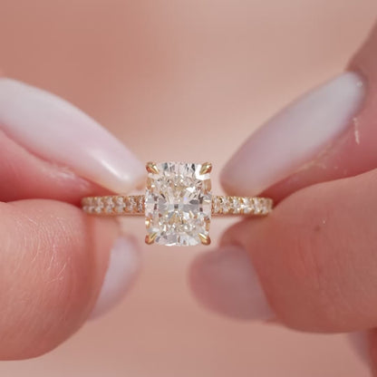2.50 CT Cushion Cut Lab Grown Diamond Engagement Ring | Pave Band & Hidden Halo | IGI Certified