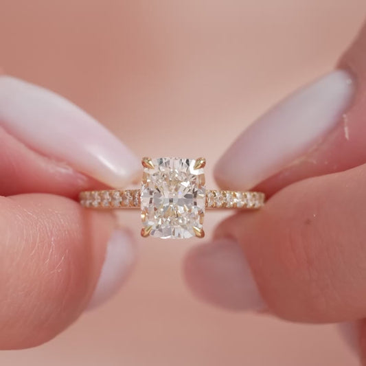 3.00 CT Cushion Cut Lab Grown Diamond Engagement Solitaire Ring | Pave Band & Hidden Halo | IGI Certified