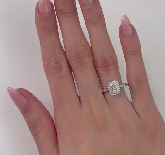 1.50 CT Radiant Lab Grown Diamond Engagement Ring | Pavé Halo Ring | IGI Certified