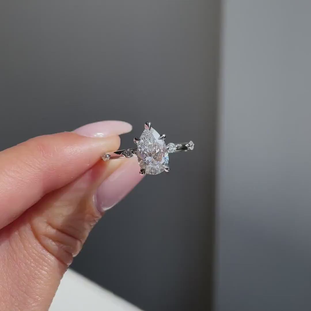 Pear cut lab grown diamond engagement ring 2.70 CT with side stones, IGI certified wedding ring, bridal jewelry, anniversary gift for her