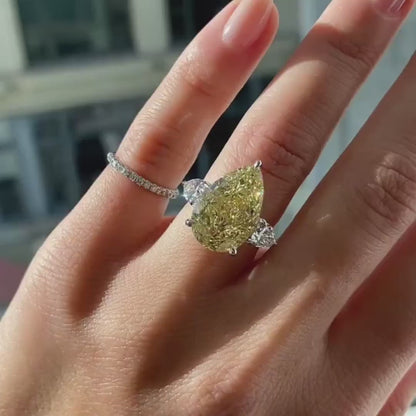 8.00 CT Fancy Yellow Pear Lab Grown Diamond Engagement Ring | Three Stone Ring | IGI Certified