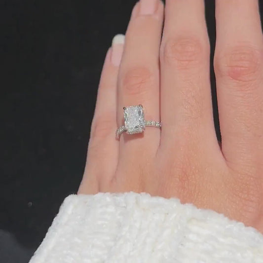 Radiant 2.50CT Lab Grown Diamond Hidden Halo With Pave Band Engagement Ring