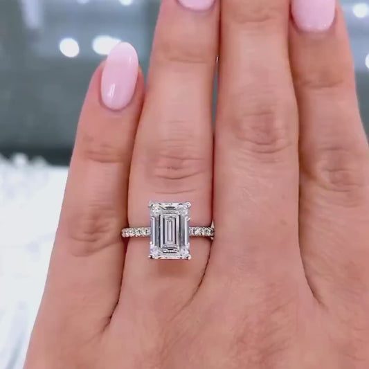 3.50 CT Emerald Cut Lab Grown Diamond Engagement Ring | Hidden Halo & Pavé Band | IGI Certified