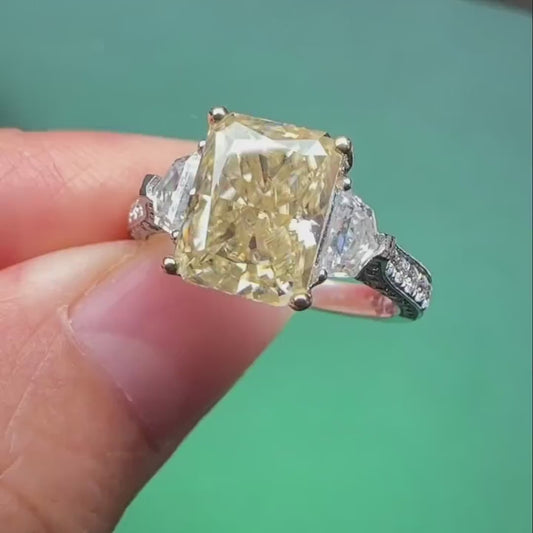4.00 CT Fancy Yellow Radiant Lab Grown Diamond Engagement Ring | Three Stone Design | IGI Certified