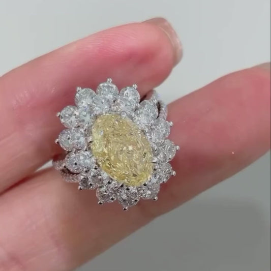 3.50 TCW Fancy Yellow Oval Lab Grown Diamond Engagement Ring | Halo Three Stone Design | IGI Certified