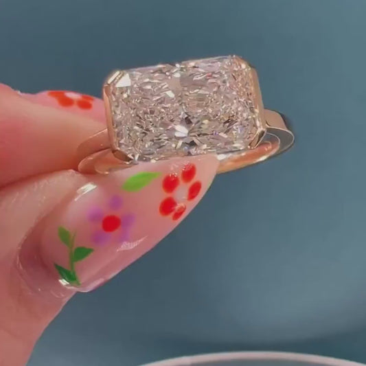 Radiant cut 5CT lab created diamond ring, east west engagement setting, IGI certified luxury bridal jewelry for her
