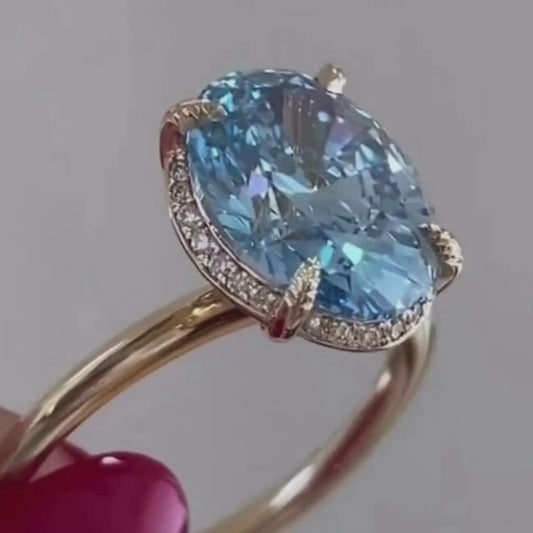 3.00 CT Fancy Blue Oval Lab Grown Diamond Engagement Ring | Hidden Halo Ring | IGI Certified