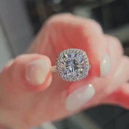 5.00 CT Cushion Lab Grown Diamond Engagement Ring | Pavé Halo Ring | Rose Gold | IGI Certified