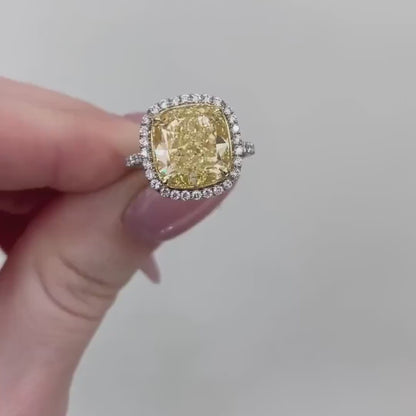 6.00 CT Fancy Yellow Cushion Lab Grown Diamond Engagement Ring | Halo Pavé Ring | IGI Certified