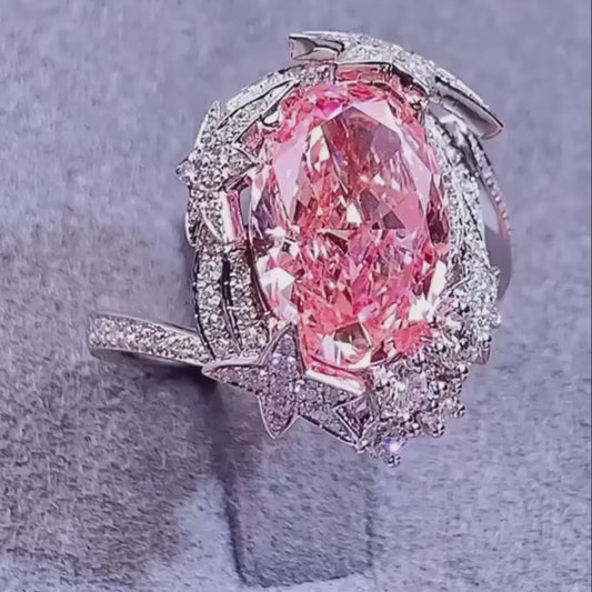 IGI certified fancy pink oval lab created diamond ring, 2.50CT starburst halo engagement ring, 4.50TCW white gold wedding jewelry
