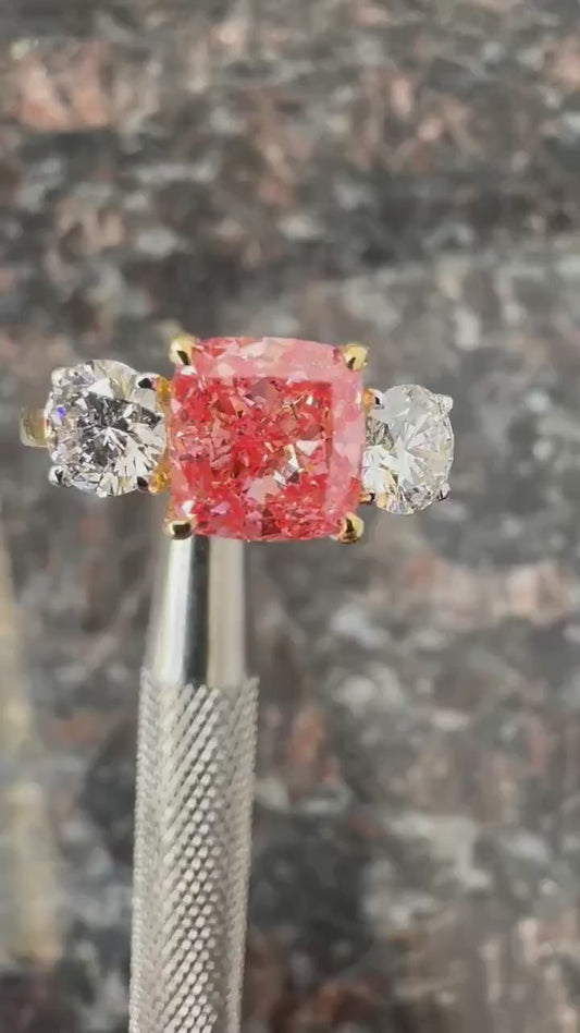 6.00 CT Fancy Pink Cushion Lab Grown Diamond Engagement Ring | Statement Three Stone Ring | IGI Certified