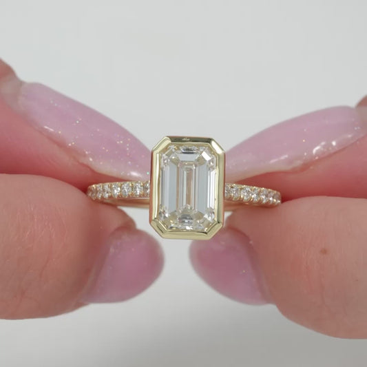 2.00 CT Emerald Cut Lab Grown Diamond Engagement Ring | Full Bezel, Pave Band, Hidden Halo | IGI Certified