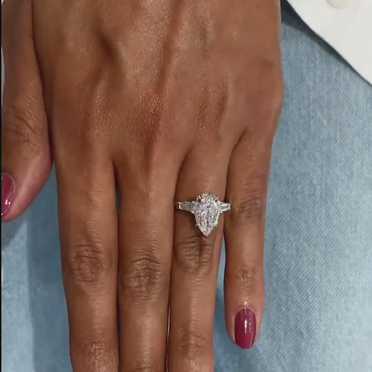 3.00 CT Pear Lab Grown Diamond Engagement Ring | Baguette Side Stone Design | IGI Certified