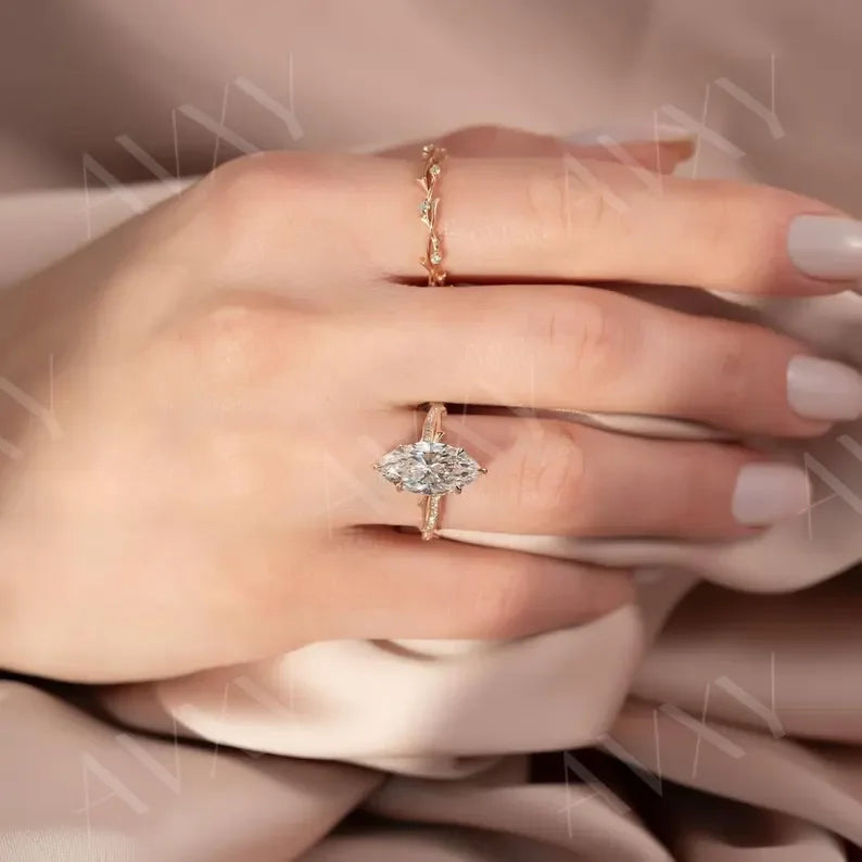 2.50CT Marquise Lab Grown Diamond Hidden Halo Engagement Ring, Pave Band Custom Bridal Ring, IGI Alternative Wedding Gift for Girls Unique Ring
