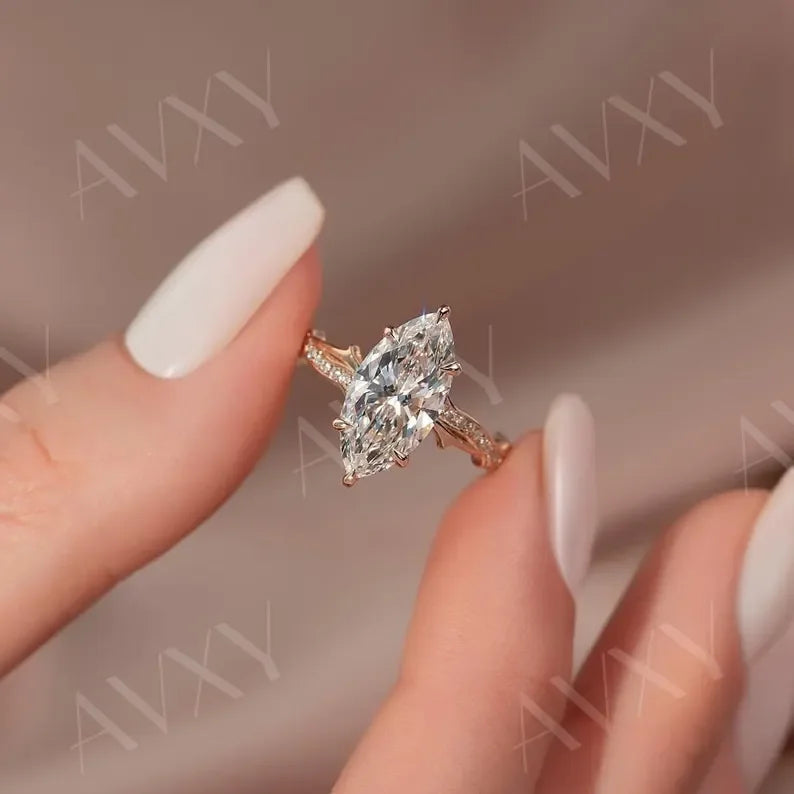 Marquise 2.50CT Lab Grown Diamond Engagement Ring Hidden Halo Pave Band Custom Made Bridal Ring Gift for Girl Unique Wedding Promise Jewelry Ring
