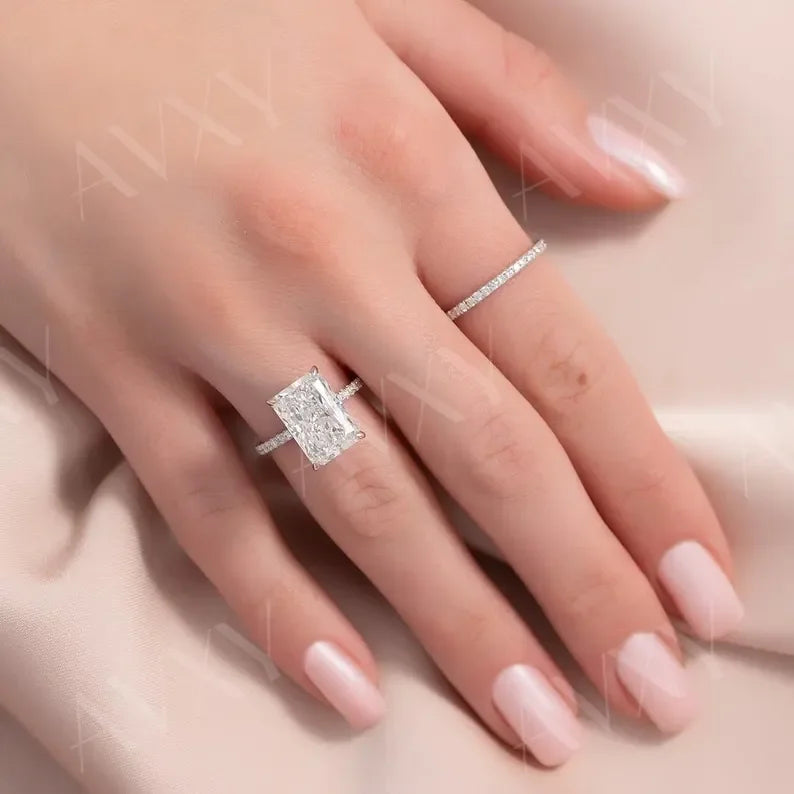 2.50CT Radiant Lab Grown Diamond Hidden Halo Pavé Band Engagement Ring Wedding Ring Bridal Jewelry Promise Ring Luxury Gift for Her
