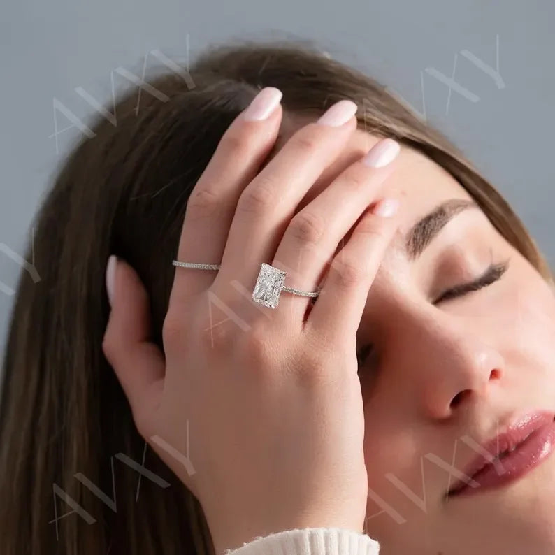 Radiant 2.50CT Lab Grown Diamond Hidden Halo With Pave Band Engagement Ring Promise Ring for Her Solitaire Ring Custom Made Ring For Her 