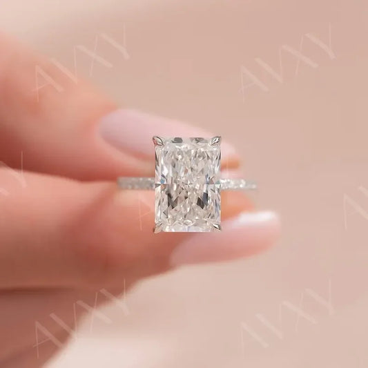 Radiant 2.50CT Lab Grown Diamond Engagement Ring Hidden Halo Pavé Band Wedding Ring Bridal Ring Promise Ring Luxury Jewelry Gift for Her
