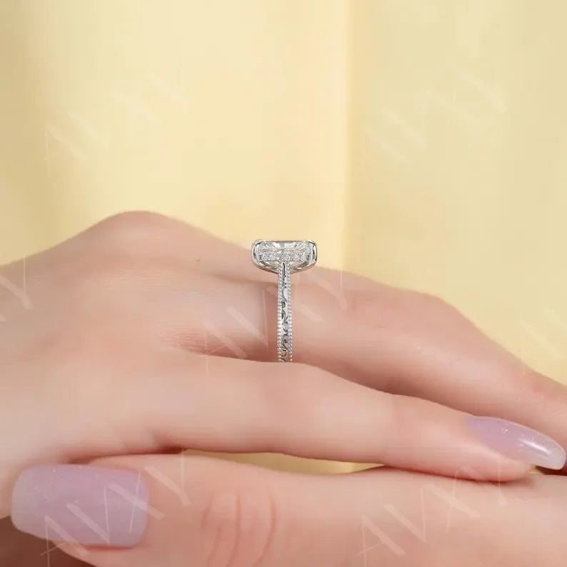 Radiant 3.00CT Lab Grown Diamond Ring for Engagement with Hidden Halo Pavé Band, Promise Ring Gift for Newlyweds, Mother Gift Jewelry Ring
