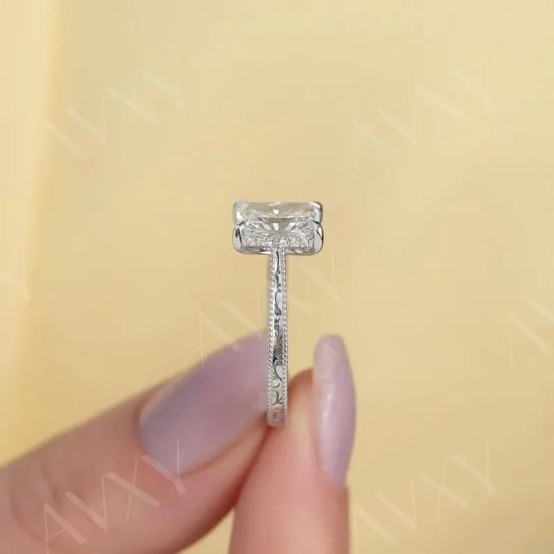 Radiant 3.00CT Lab Grown Diamond Hidden Halo With Pave Band Engagement Ring Promise Ring Gift For Newlyweds Mother Gift Diamond Ring 