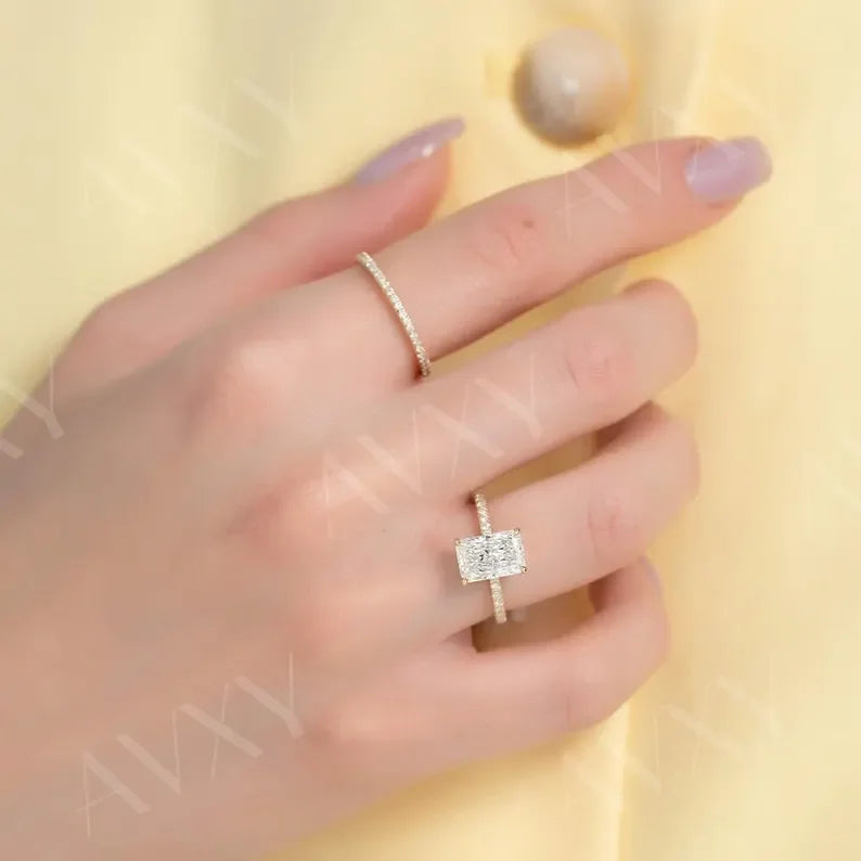 Radiant 3.00CT Lab Grown Diamond Ring for Engagement with Pavé Band Solitaire, Promise Ring Wedding Jewelry Gift for Her Elegant Bridal Ring
