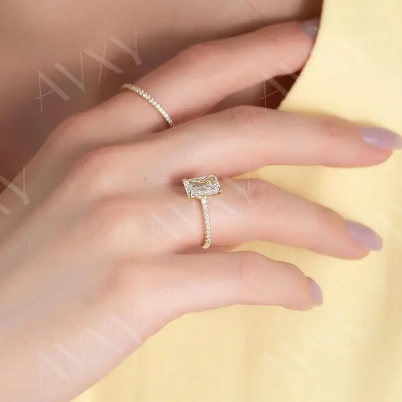 Radiant 3.00CT Lab Grown Diamond With Pave Band Solitaire Engagement Ring Promise Ring Anniversary Gift For Her Custom Made Diamond Ring 