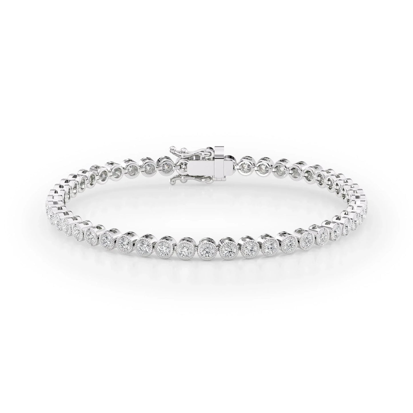 Round Lab Grown Diamond Beaded Bezel Tennis Bracelet, EF Color, VS Clarity, IGI Certified 