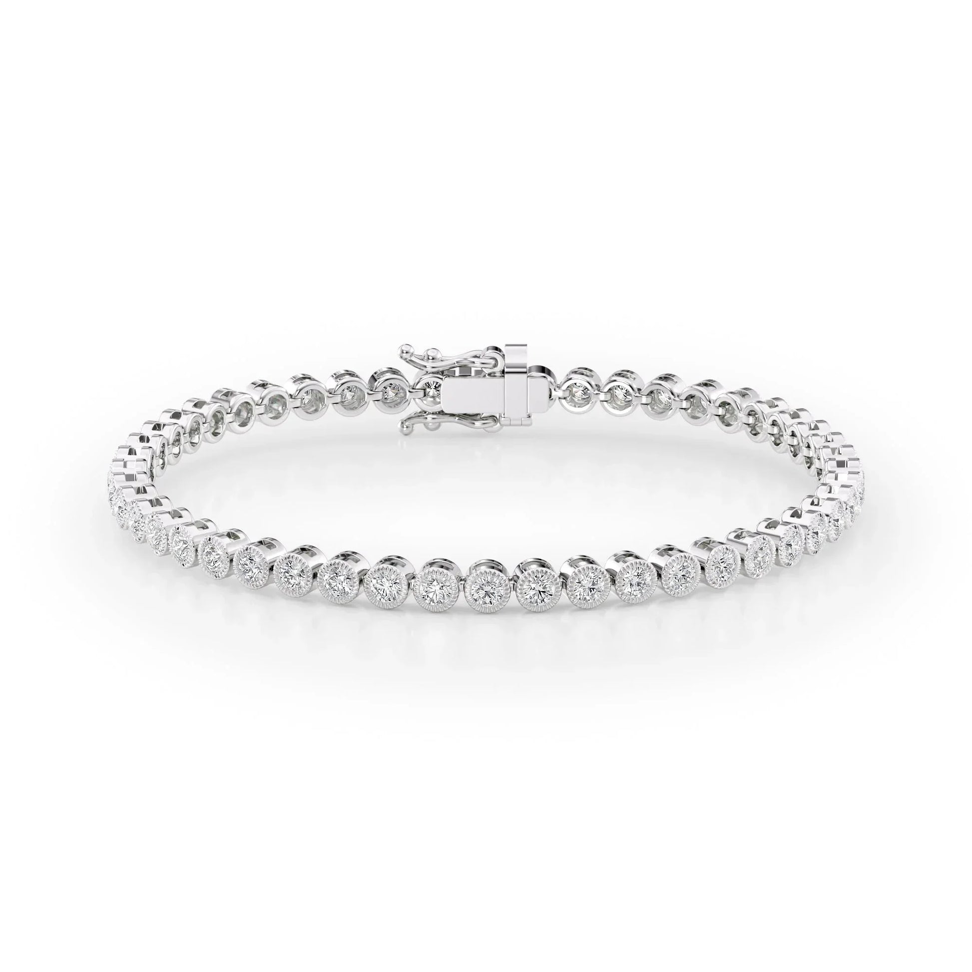 Round Lab Grown Diamond Beaded Bezel Tennis Bracelet, EF Color, VS Clarity, IGI Certified 