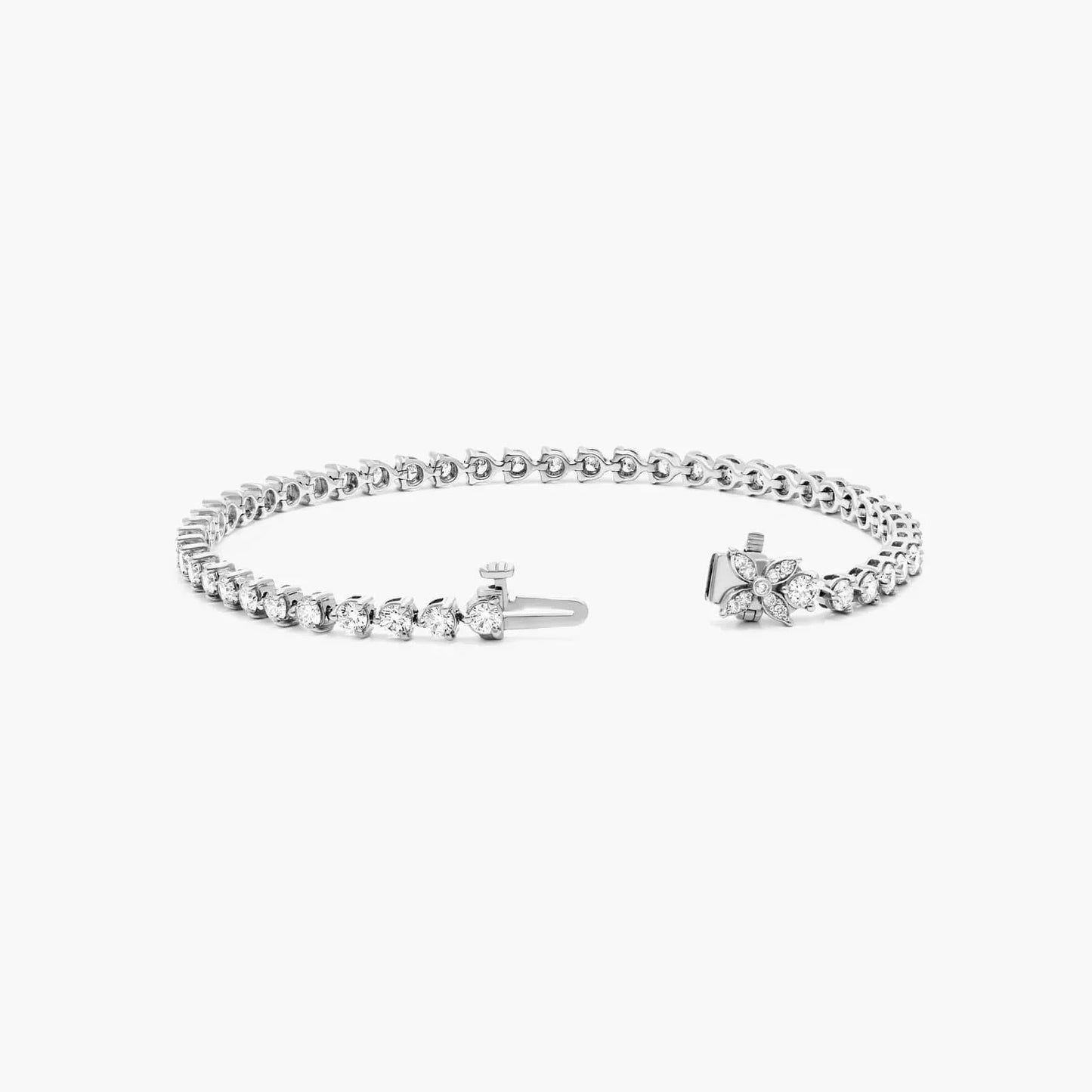 Round Lab Grown Diamond Three Prong Flower Clasp Tennis Bracelet,EF Color, VS Clarity, IGI Certificate 