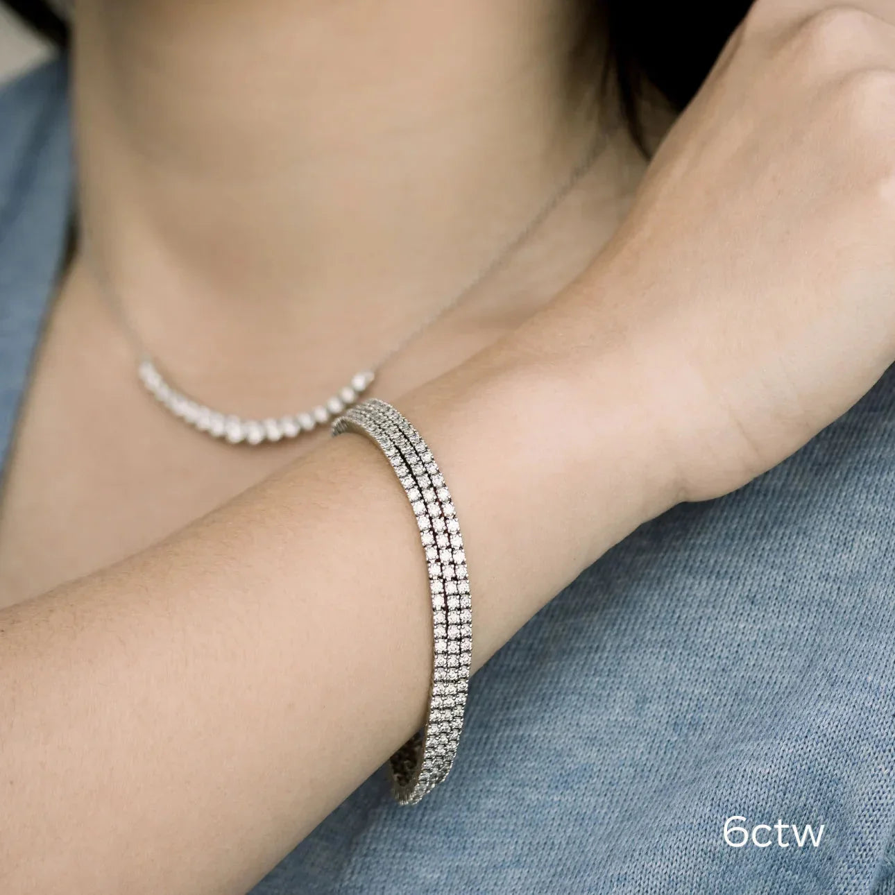 Round Lab Grown Diamond Three Row Diamond Tennis Bracelet, EF Color, VS Clarity, IGI Certificate 