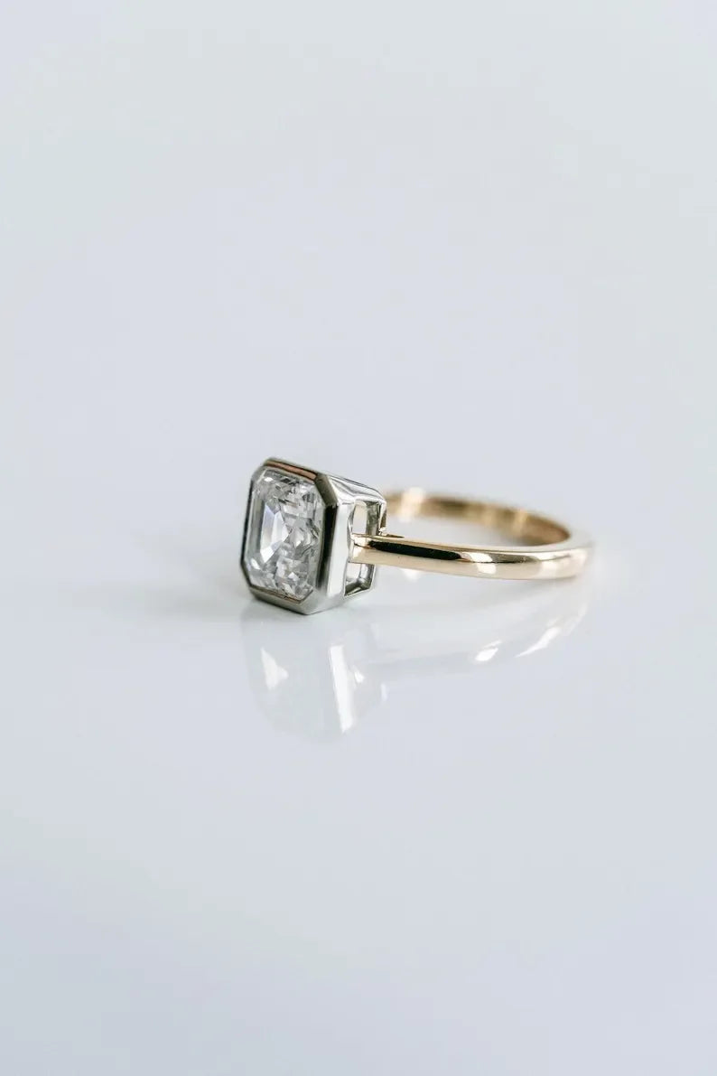 Luxury Square Emerald 2.50CT Lab Grown Diamond Ring with Two Tone Full Bezel Design, Anniversary Promise Ring, Birthday Gift Jewelry for Her
