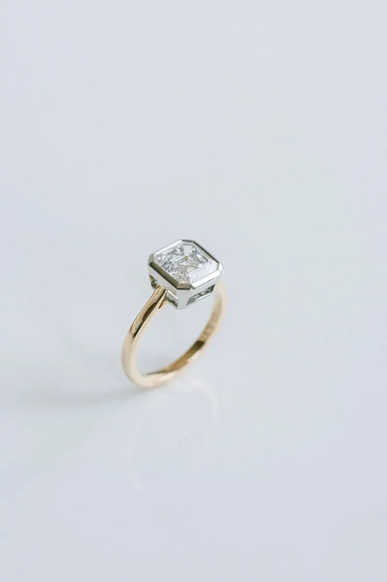 Square Emerald 2.50ct Lab Diamond Two Tone Ring Full Bezel Anniversary Ring Single Diamond Ring Promise Ring Birthday Gift 