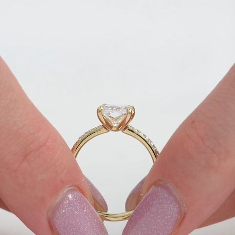 5.0ct Radiant Cut Lab Grown Diamond Solitaire Ring With Pave Band & Hidden Halo